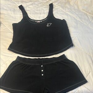 Victorias Secret Black Ribbed Tank Top and Shorts Set with Heart Detail